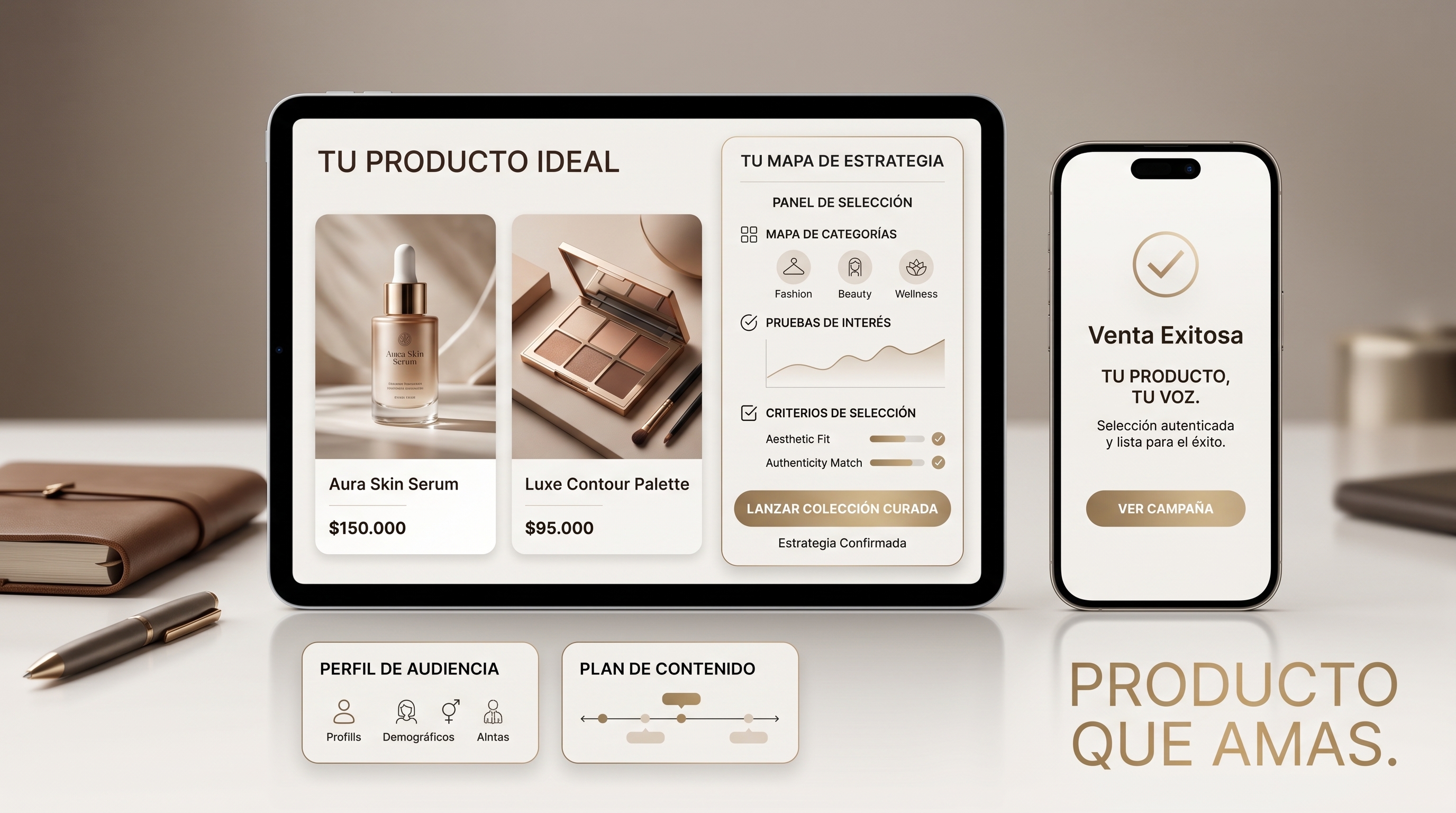 Visual aspiracional de producto, seleccion y deseo para una creadora de Influenciarte
