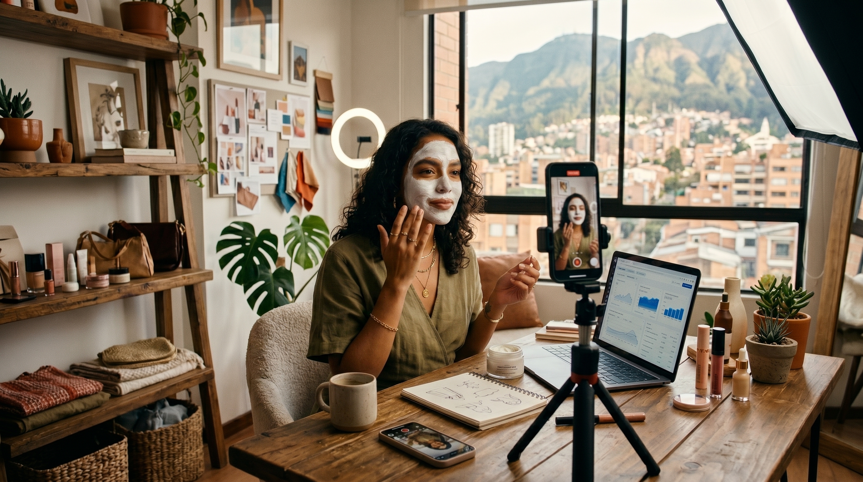 Visual aspiracional de voz creadora, crecimiento social, DMs y colaboraciones